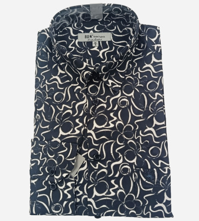 Chemise manches longues bleu Navy imprimé fleurs graphiques blanches. Homme. Bande Originale